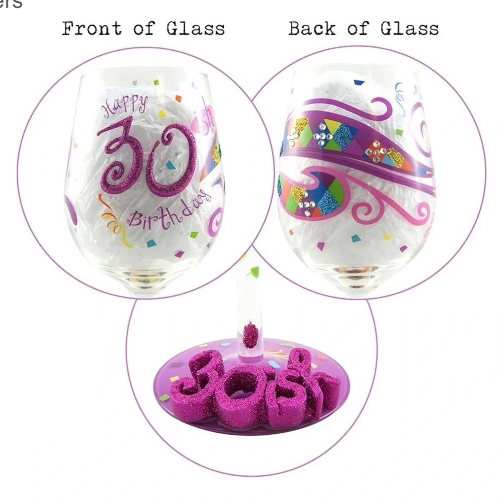 30ish Birthday Wine Glass with Purple and Pink Accents